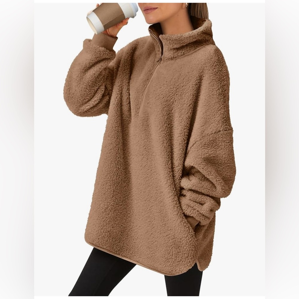 ANRABESS Zip Up Sherpa Fleece Tan Sweatshirt Pullover